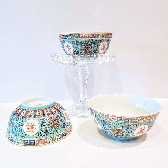 Vtg Turquoise Mun Shou Porcelain 4.5" Rice bowls. - Picture 3 of 7